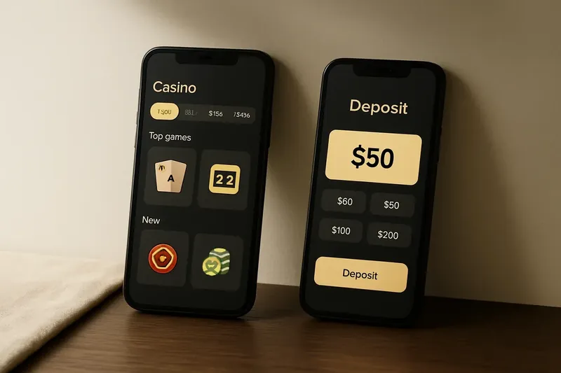 Two smartphones displaying dark casino app lobby and deposit screen