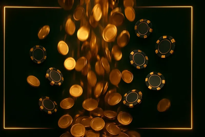 Golden coins and casino chips falling with green neon lighting