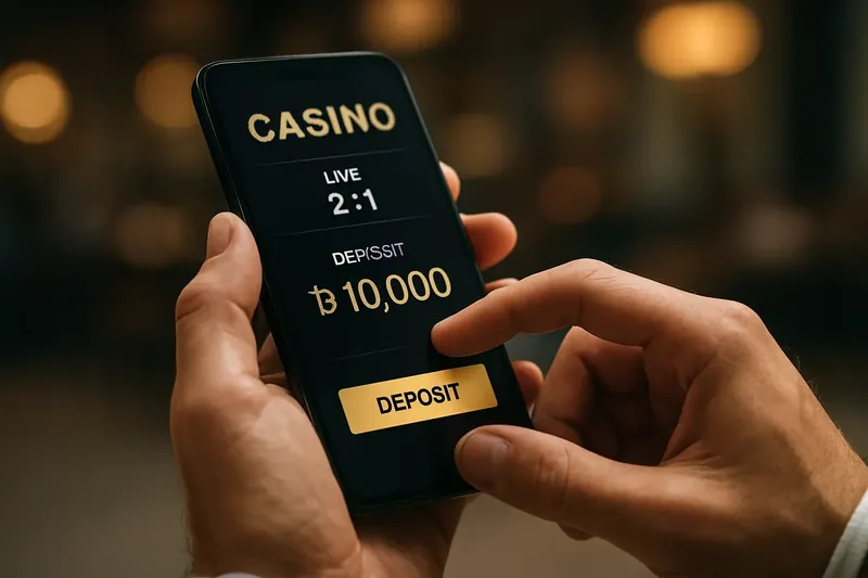 Man typing on smartphone with casino app deposit confirmation in cafe