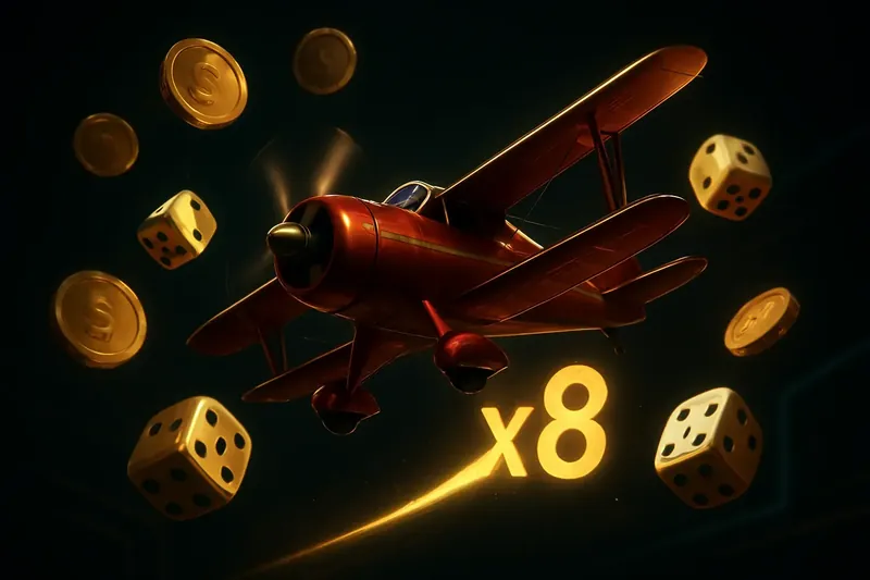 Red airplane soaring with multiplier trail, coins and dice floating