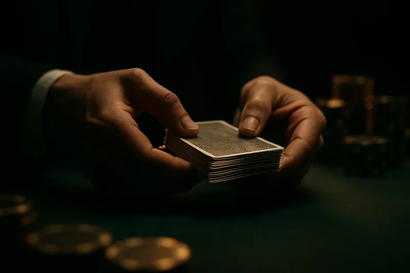 Close-up of dealer hands shuffling cards over green felt table