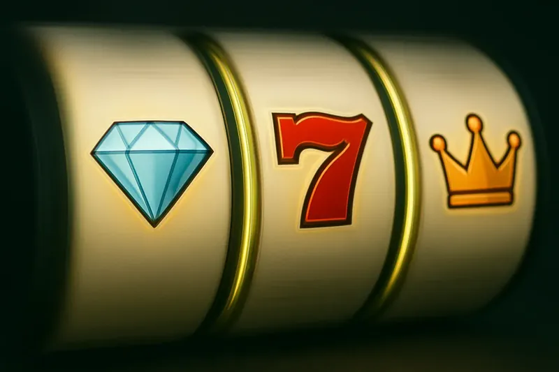 Extreme close-up of slot reels with diamonds, sevens, crowns mid-spin